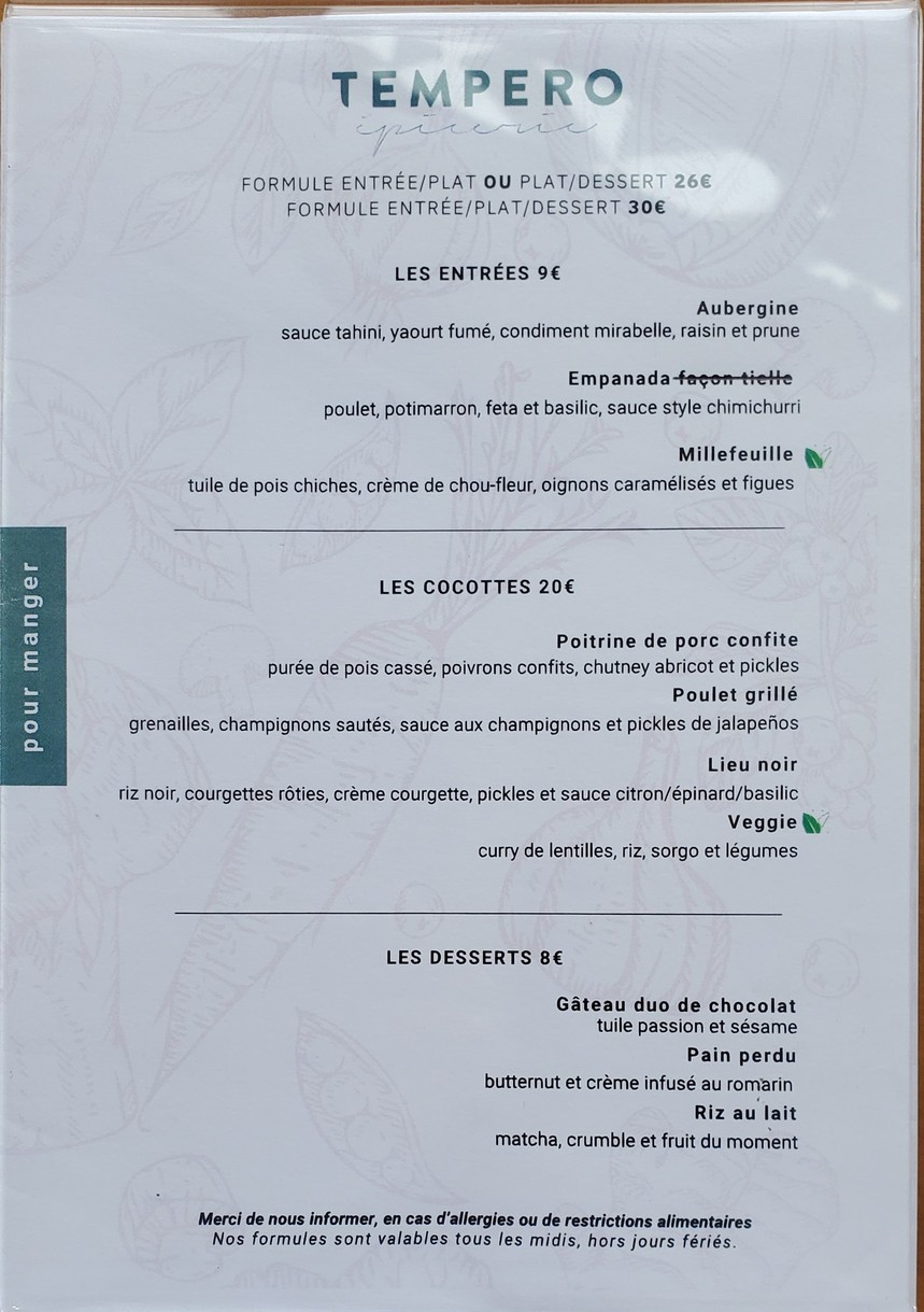 Epicerie Tempero menu 1