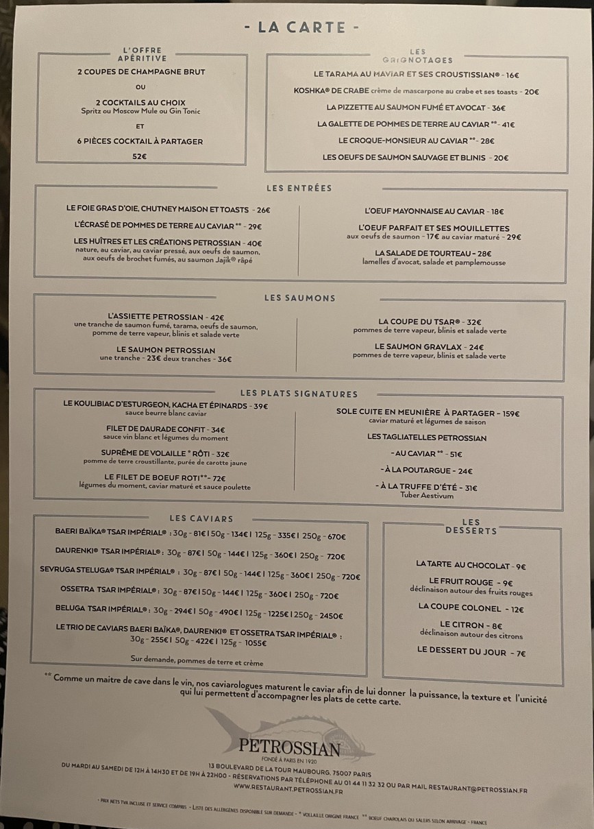 Restaurant Petrossian menu 1