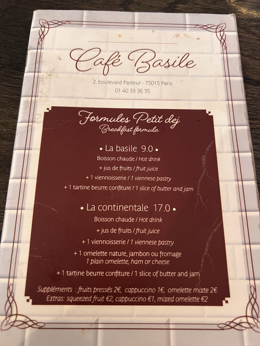 Café Basile Paris 15 menu 1