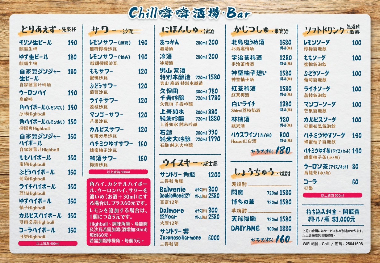 Chill Hāi Hāi Jiǔchǎng‧Bar Zhōu Sān Sì Rì • 26 Zhǒng Jiǔ $99/bēi menu 2